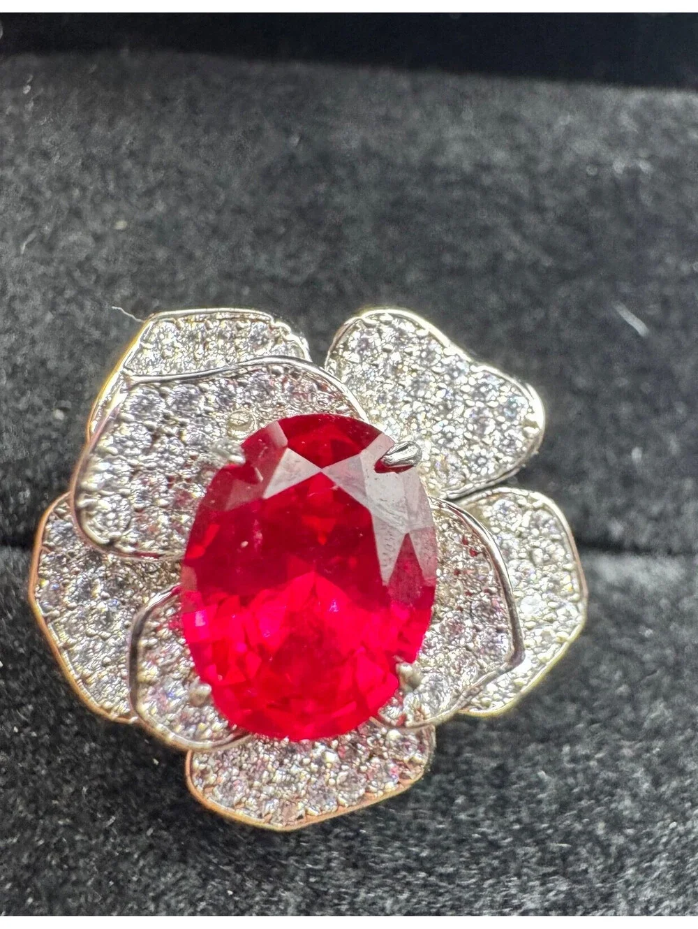 Platinum Plated Adjustable 2 ct Moissanite Pink Flower Ring Vintage Inspired